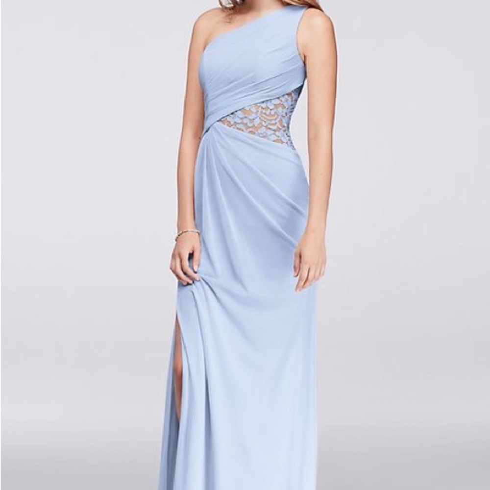 OWO one-shoulder mesh dress with lace inset icy blue size 2